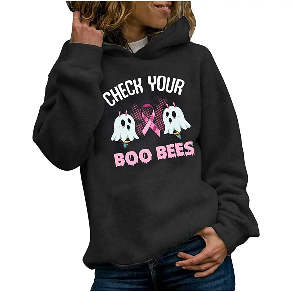 

Женские толстовки, повседневные толстовки, джемперы, топы, свитшот с принтом в виде розовой ленты, пуловер с надписью «CHECK YOUR BOO BEES»