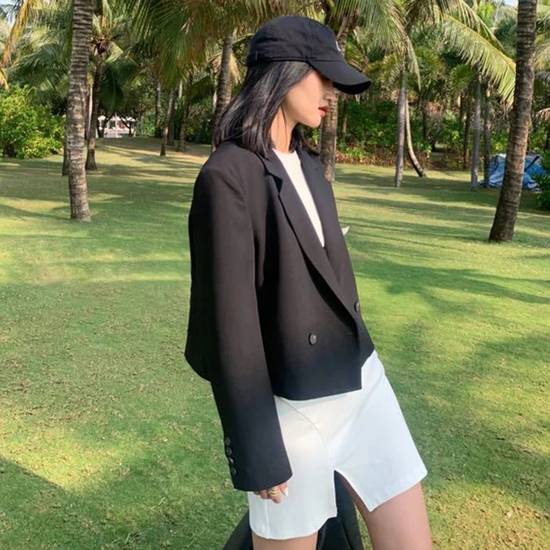 

ECRURANI Casual Blazer For Women Notched Long Sleeve Hit Collar Pockets Loose Coat Female New Clothing 2021 Spring Fashionable