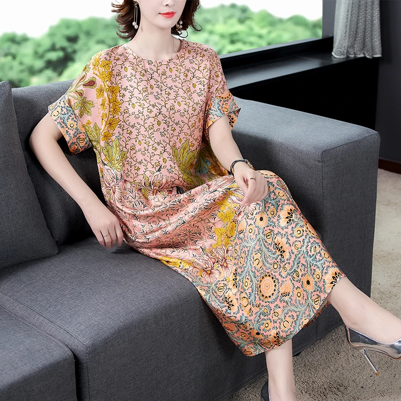 

2021 Casual Vintage Print Midi Dress M-3XL Summer Beach Floral Mulberry Silk Maxi Dress Elegant Women Slim Party Vestidos