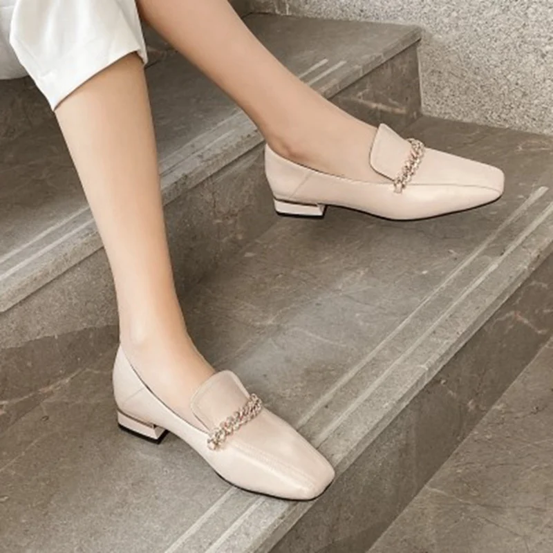 

RIZABINA New Flat Shoes Real Leather Square Toe Metal Chain Women Shoes Fashion Sweet Party Women Footwear Size 34-39