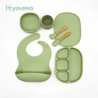 6pcsset baby feeding silicone tableware waterproof bib solid color dinner plate bpa free sucker bowl and spoon for children