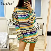 nadafair multi stripe crochet knit mini dress sexy hollow out festival beach summer vestido short long sleeve autumn women dress