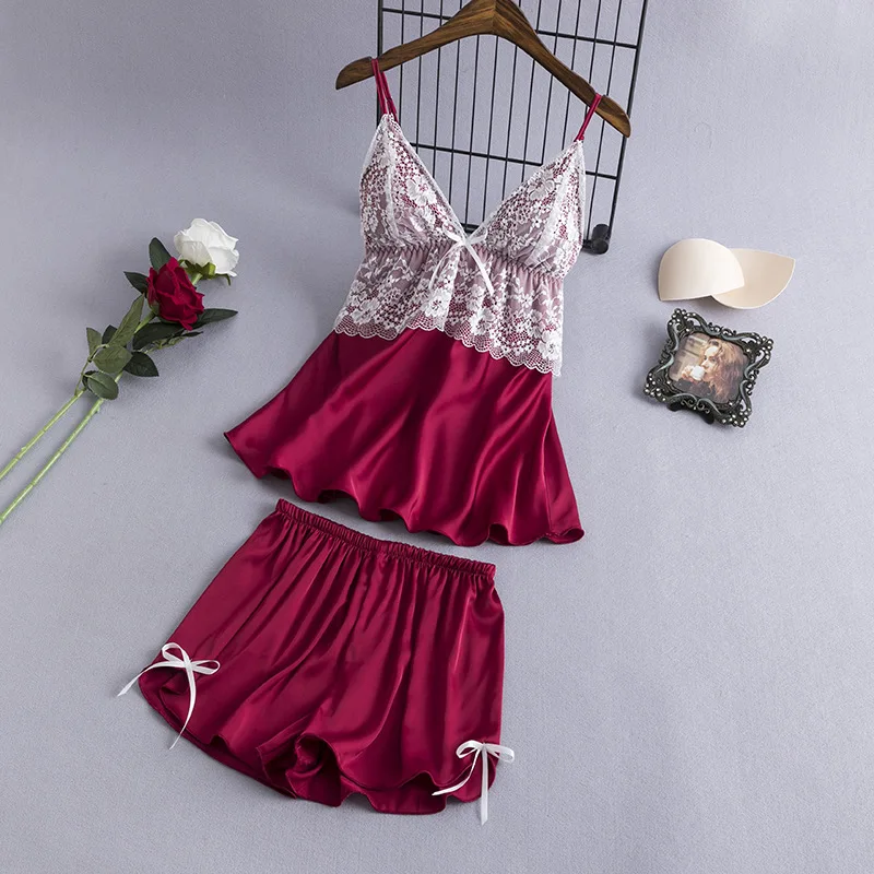 wine red set Fiklyc, нижнее белье, шелковые пижамы для женщин, костюм для сна, новинка, летняя Пижама, mujer, сексуальное кружевное белье, женская пижама, атласная, лучшее - Цвет: wine red set
