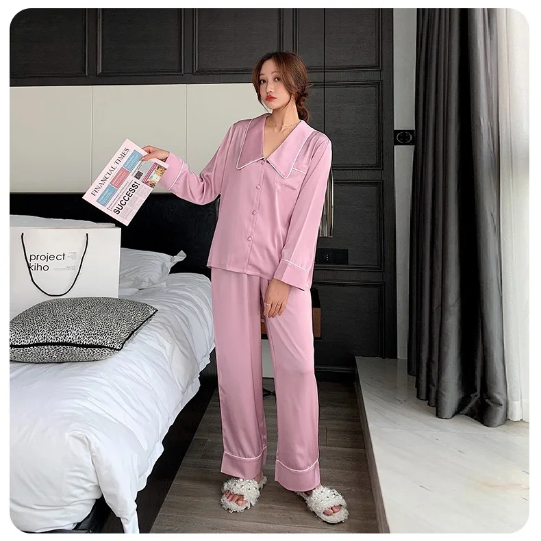 

Pajamas for Women 2020 New Thin Style Two-piece Women's Home Clothes Suit Ice Silk Polyester Fiber Lapel White Silk Pajamas