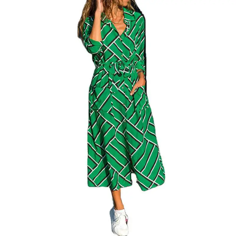 

Women 2020 Autumn Casual Dress Sashes Turn-down Collar Loose Floral Print Mid-Calf Long Sleeve Shirt dress For Women