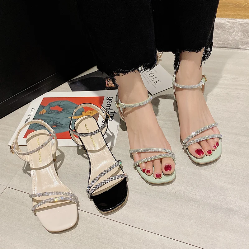 

Open Toe Buckle Strap Med Block Heels Clear Sandals 2021 Summer Comfort Shoes for Women Suit Female Beige All-Match Peep Medium