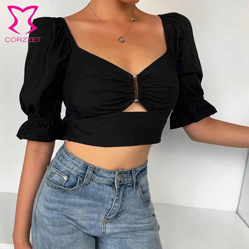 Черный с расклешенными рукавами Корсет Топ вырезами пикантные темперамент