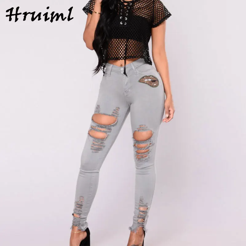 

Vintage Pants Skinny Lip Printing Hole Placket with Zipper Women Bottoms Pants Fashion Hot Sale Casual Slim Fit Trousers