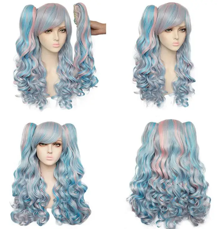 

11 Colour 70CM Anime Women 70cm Long Blue Mixed Pink Wavy Braided 2 Ponytails Synthetic Party Cosplay Wig 30 Colors Available