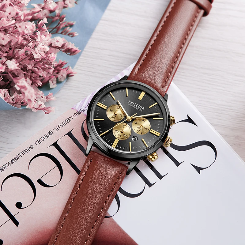 MEGIR Бесплатная доставка часы для женщин браслет с кожаным ремешком роскошные