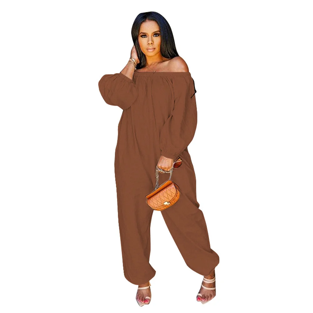 

Off The Shoulder Rompers Womens Jumpsuit 2021 Slash Neck Long Lantern Sleeve Loose Bodysuit Autumn Solid Pocket Backless Overall