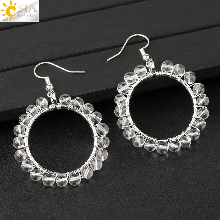 CSJA серьги капли с натуральным кристаллом рейки 4 мм из бисера серебристого цвета