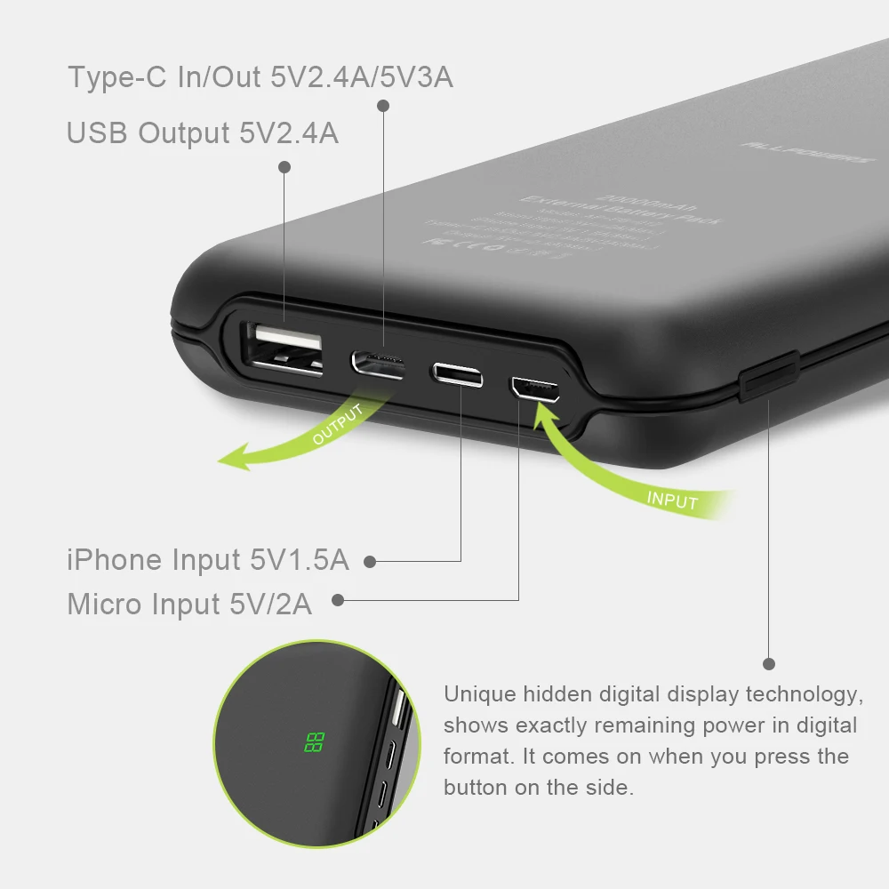 Внешний аккумулятор 20000 мАч быстрое зарядное устройство с 3 входами и двойным