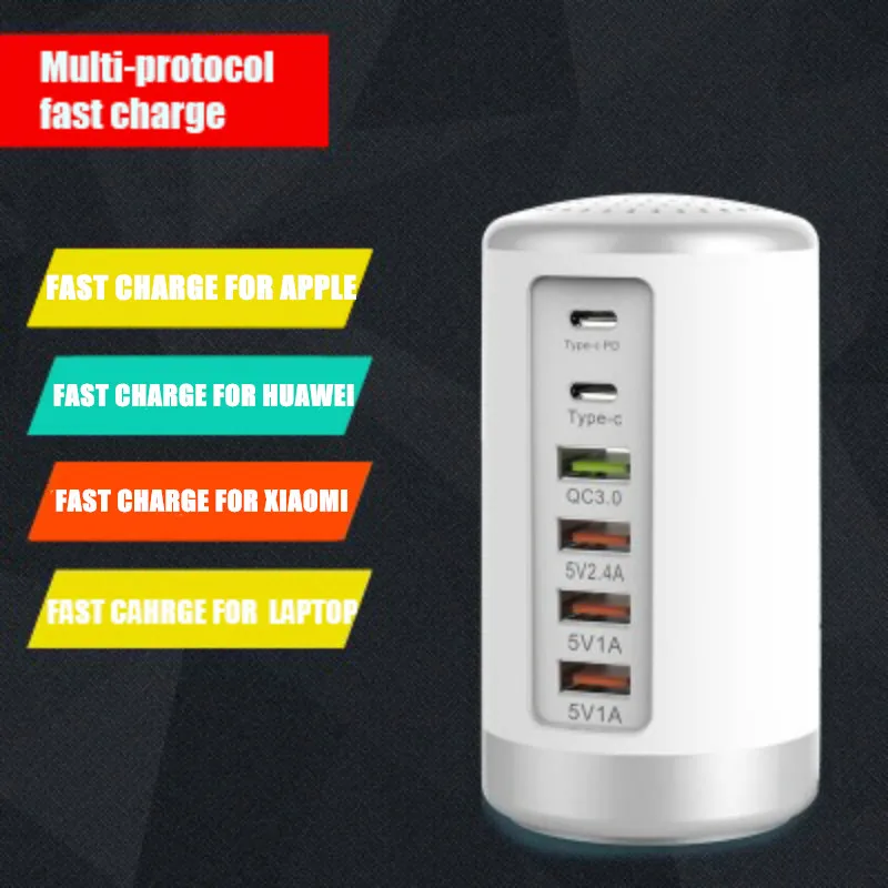 65W Multi 6 Port USBC Fast Charger HUB Quick Charge QC 3.0 Type C PD Charger USB Charging Station cargador portable charger