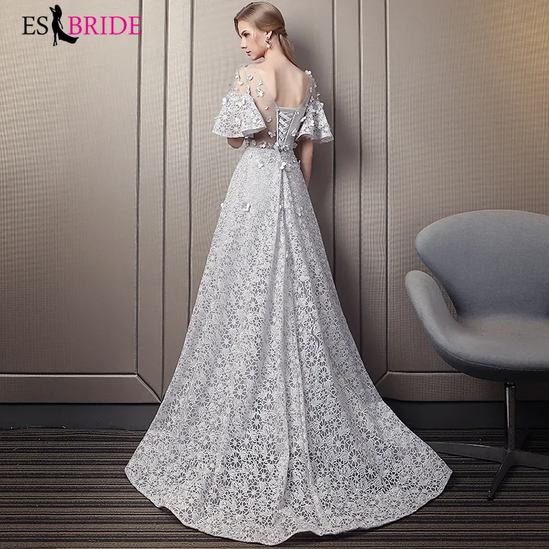 Элегантные кружевные вечерние платья ES2936 трапециевидной формы с круглым вырезом