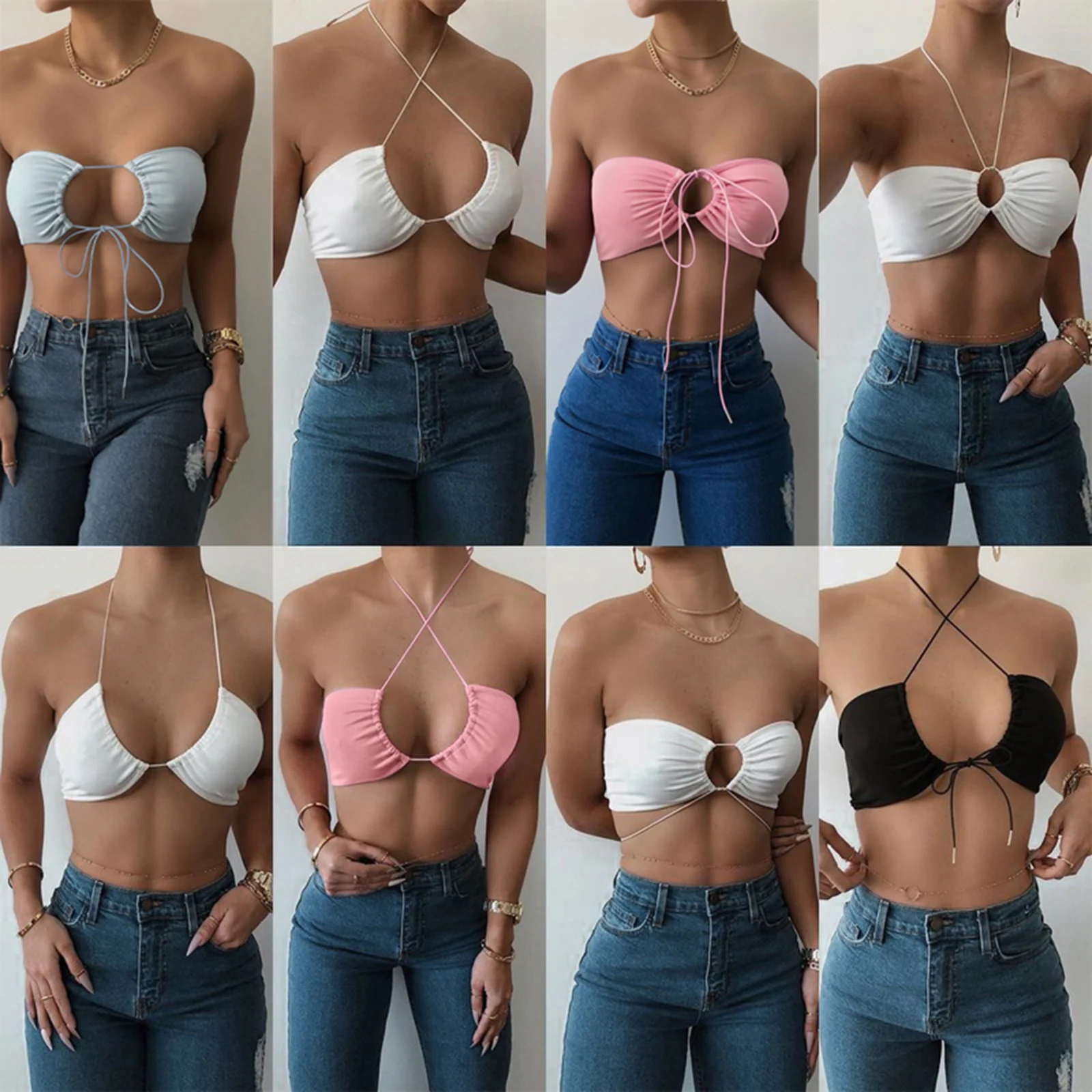 

Women's Halter Crop Cami Tops, Sexy Solid Color Sleeveless Lace-Up Cut Out Tube Tops