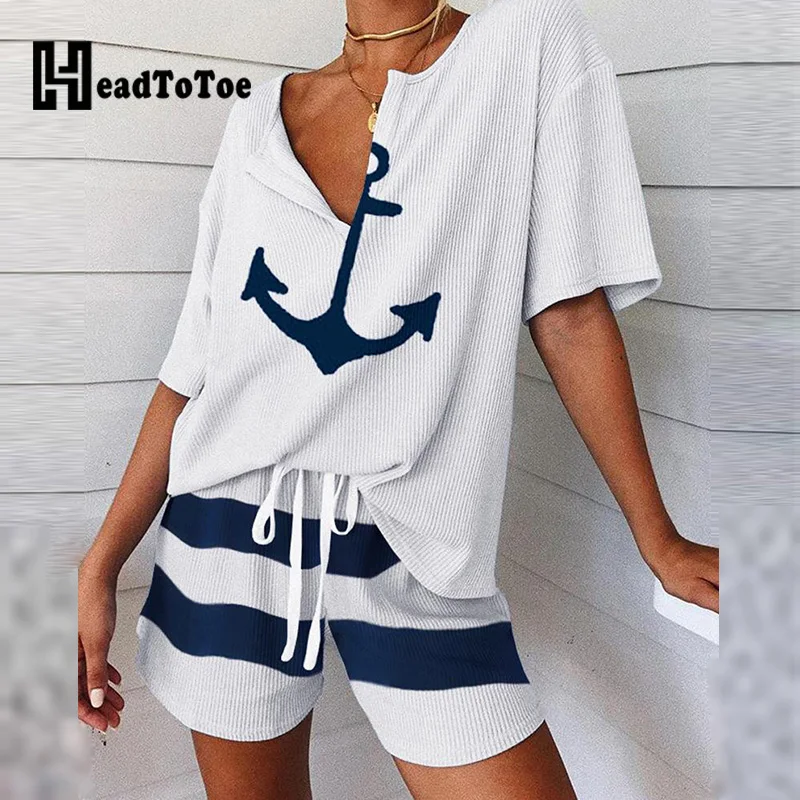 Женский пижамный комплект в полоску с короткими рукавами и принтом якоря из двух