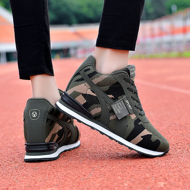 

2021 New Big Size Height Increase Women Casual Canvas Shoes Camouflage Lace Up High Top Tenis Sneakers New Combat Trainers Shoes