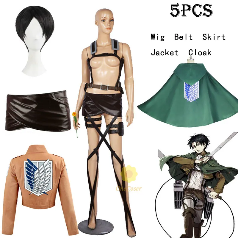 

Anime Attack on Titan Levi Ackerman Cosplay Costume Set Wig Jacket Cloak Leather Harness Belt Apron Skirt Scouting Legion Cape