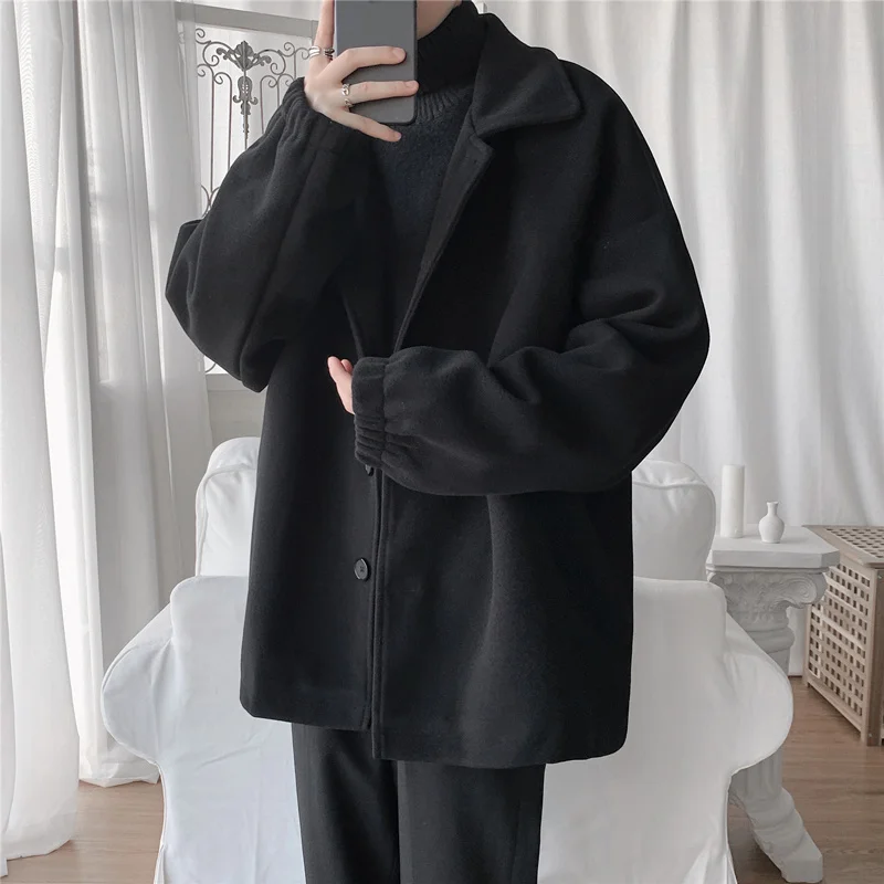 

2021 Men Winter New Wool Turn-down Collar Blends Coat Mens Korean Style Loose Jackets Male Solid Color Woolen Overcoats O245