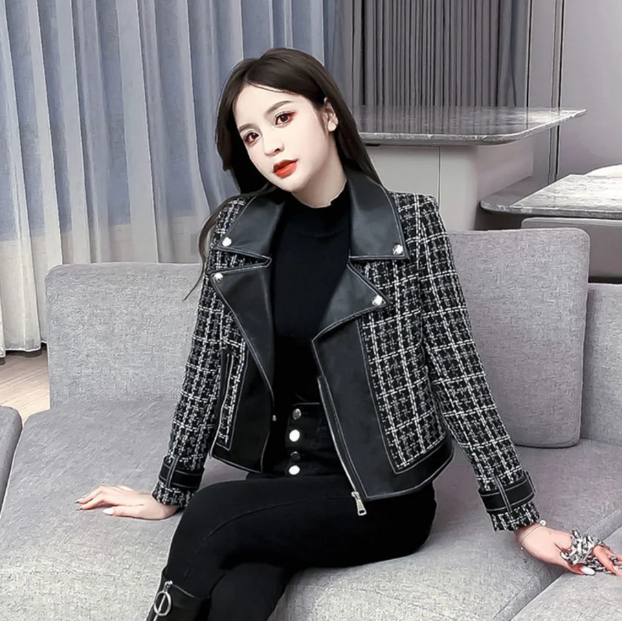

Women Plaid Leather Woolen Jacket Short Silver Wire Red Plaid Coat