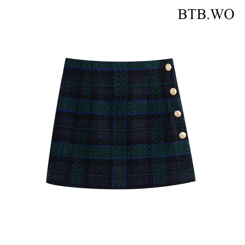 

BTB.WO Za Women 2 Pieces Fashion Check Casual Loose Blazers Jackets Work Office Lady High Wasit Mini Skirts Two Pieces Sets
