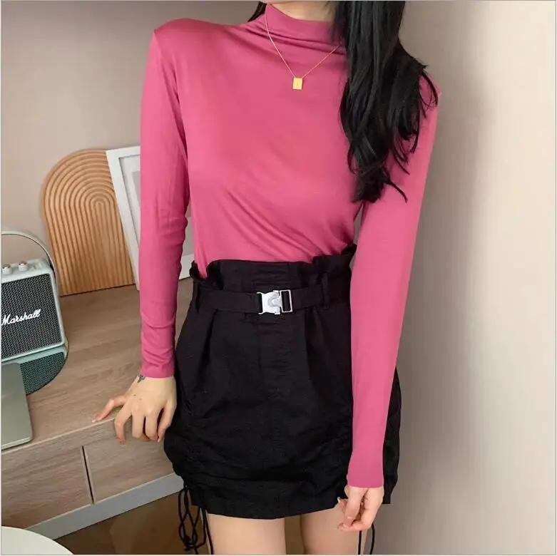 

Новая модная осенне-зимняя блузка с воротником-хомутом, 20 цветов, натуральный чистый капук, женская одежда, облегающая футболка, блузка Nn1