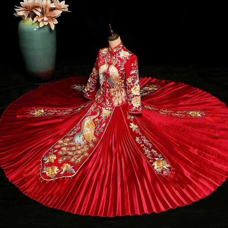 

Classic Peacock Embroidery Bride Cheongsam Marriage Suit Chinese Wedding Dress Traditional Qipao Vestidos