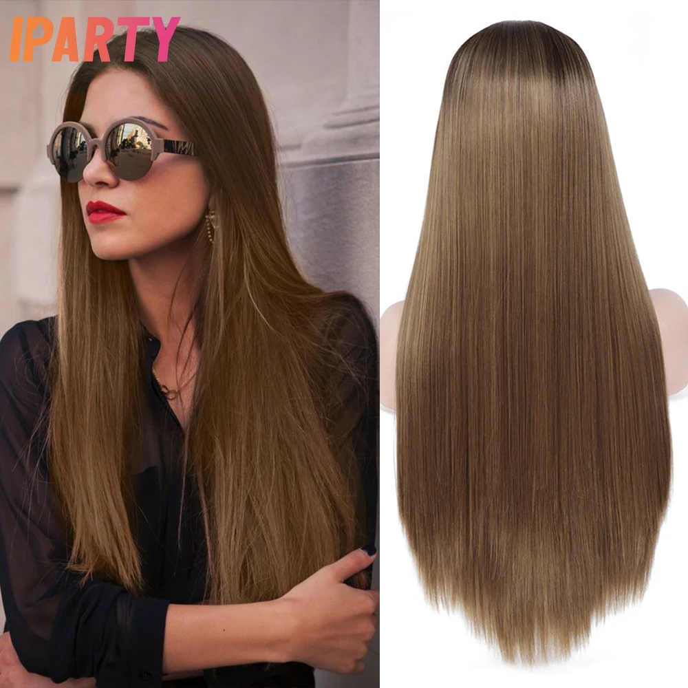 Длинный прямой синтетический парик женские парики коричневого цвета средняя часть 28 дюймов термостойкие