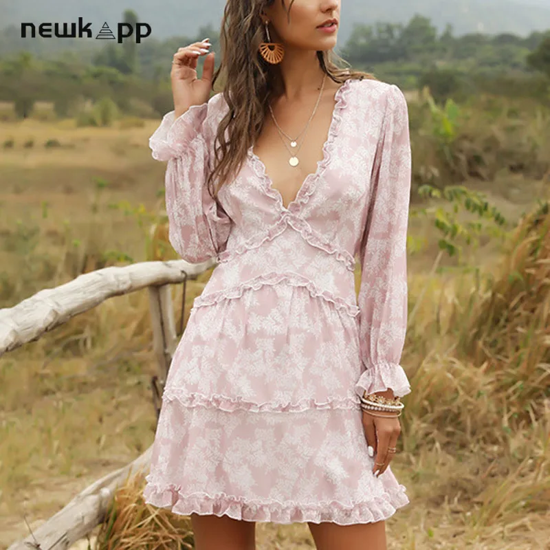 Женское шифоновое платье с цветочным принтом длинным рукавом и V образным