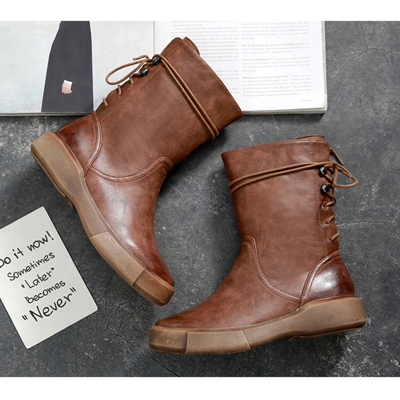 Ботинки до середины икры в стиле ретро женская зимняя обувь повседневные ботинки