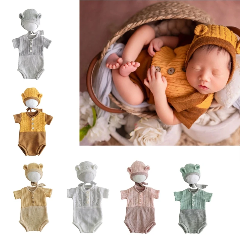 Accesorios de fotograf&iacute;a para reci&eacute;n nacidos, traje de encaje, pelele, conjunto de gorro, ropa de punto, regalos para fotos de ni&ntilde;os, 2 uds.-0