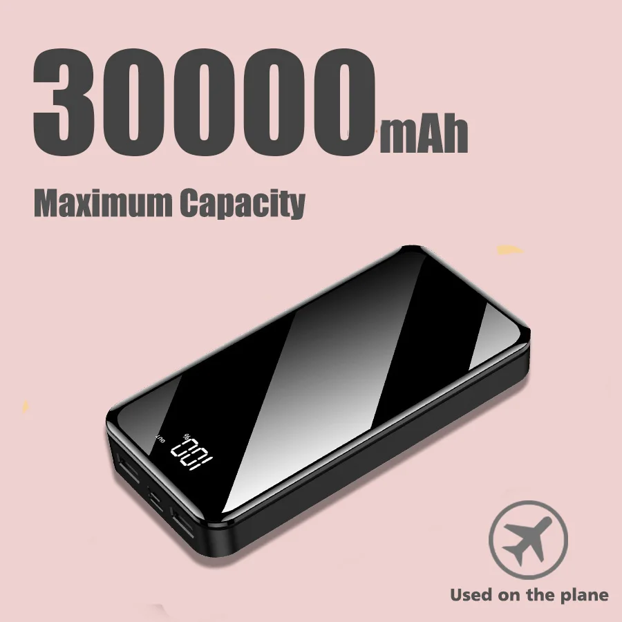 Внешний аккумулятор 30000 мАч, внешний аккумулятор, 2 USB, светодиодный, PoverBank, type-c, портативное зарядное устройство для телефона Apple, Xiaomi