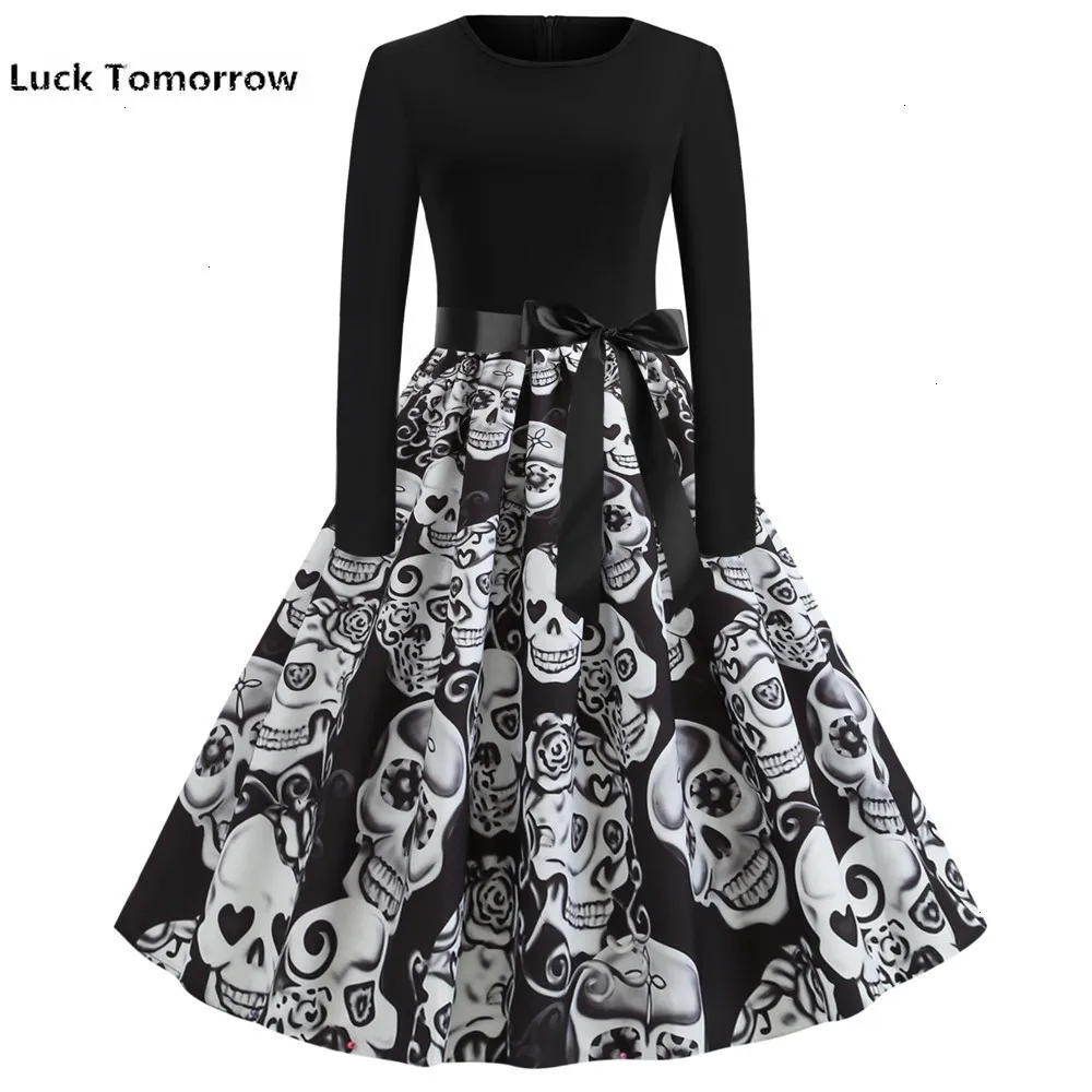 Новинка 2019 женское осеннее платье черное винтажное с принтом тыквы Vestidos большие