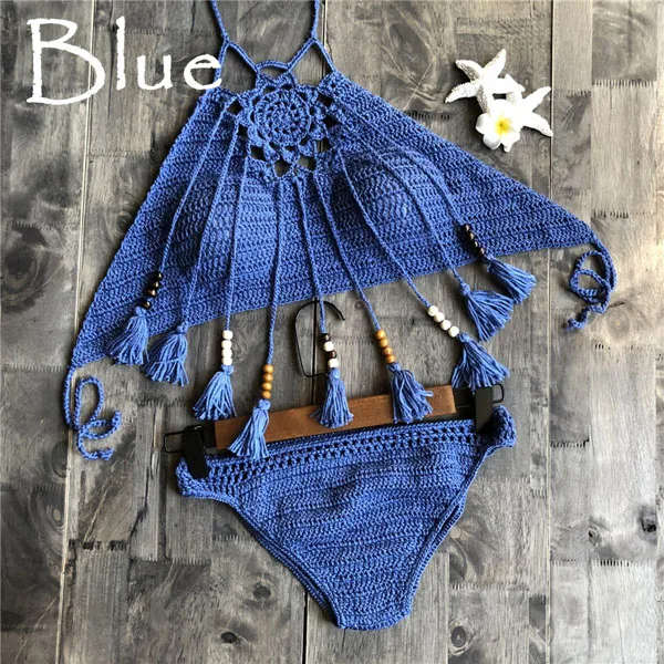 blue Крючком бикини сексуальный недоуздок галстук Вязание Пляж Купальники Холтер бисером кисточкой укороченный Топ Бразилия Бикини купальник купальный костюм - Цвет: blue