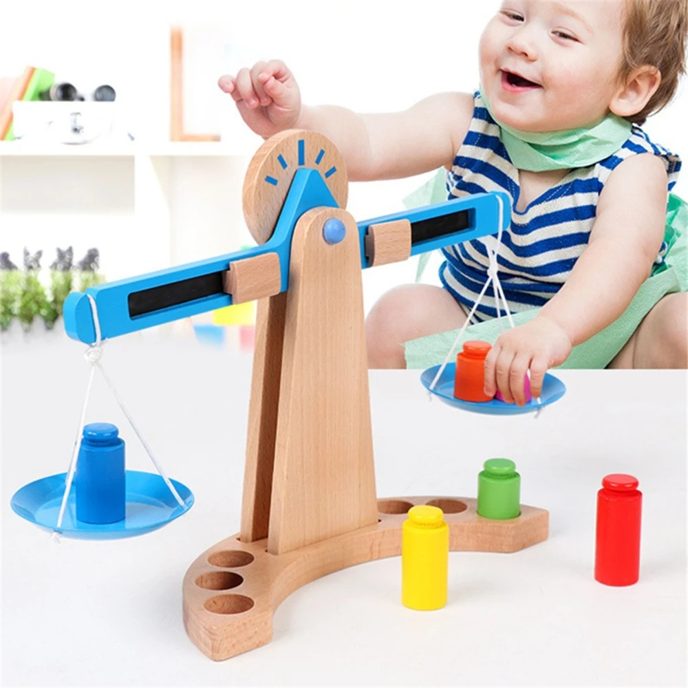 

New Montessori Educational Toy Small Wooden New Balance Scale Toy With 6 Weights For Kids baby