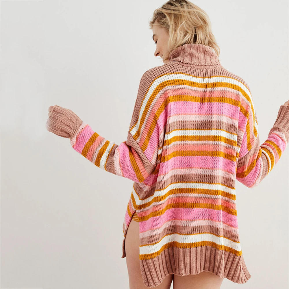 Женские свитера в радужную полоску с высоким воротом вязаные пуловеры длинным