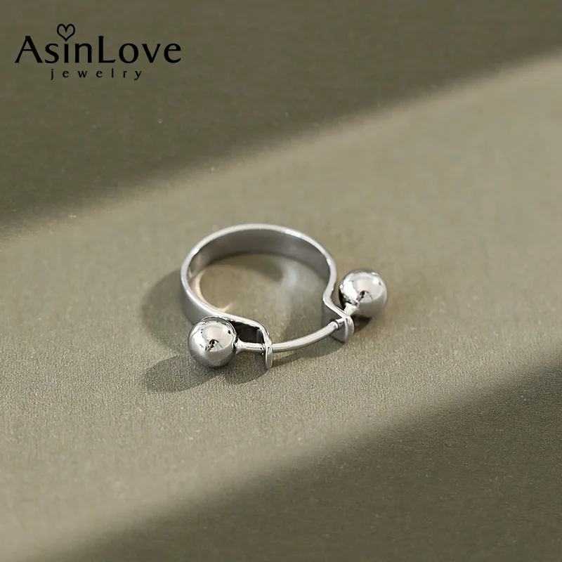 

AsinLove Double Beads Adjustable Ring Real 925 Sterling Silver Creative Handmade Designer Fine Jewelry Rings for Women Gift