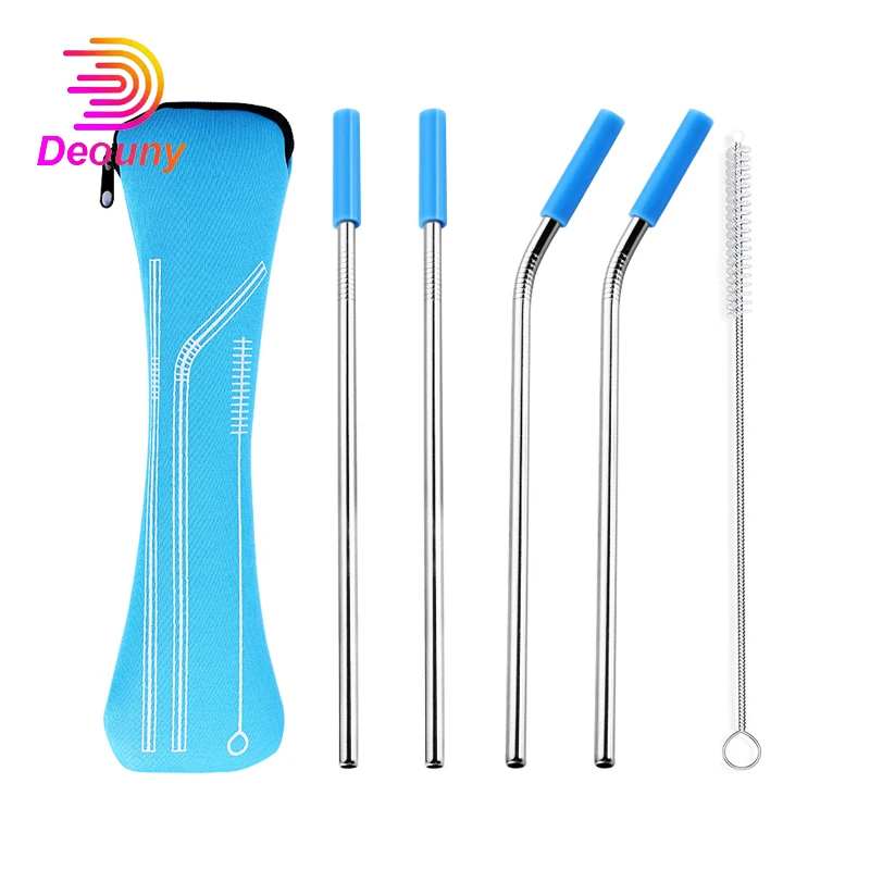

DEOUNY 6Pcs Reusable Stainless Steel Straws With Travel Case Cleaning Brush Silicone Tips Eco Friendly Metal Straws Drinking