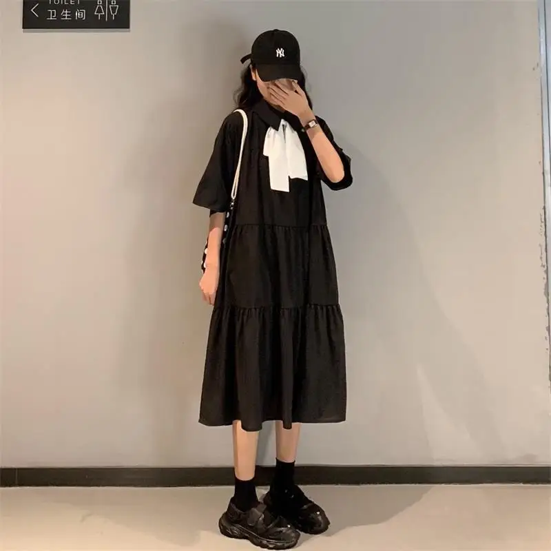 

Bowknot Dress Plus Size Maxi Women Party School Female Student Korean Loose Medium Length Over Knee A-line Skirt Fashion Beach