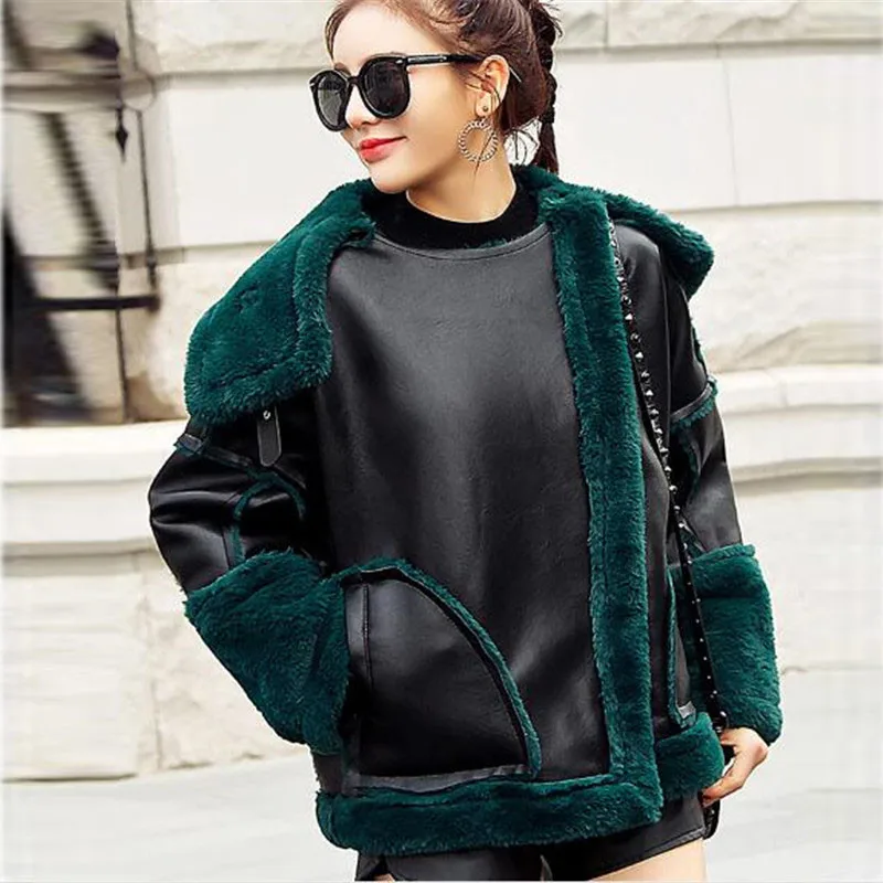 Толстая кожаная куртка пальто для женщин зима 2019 новая свободная имитация