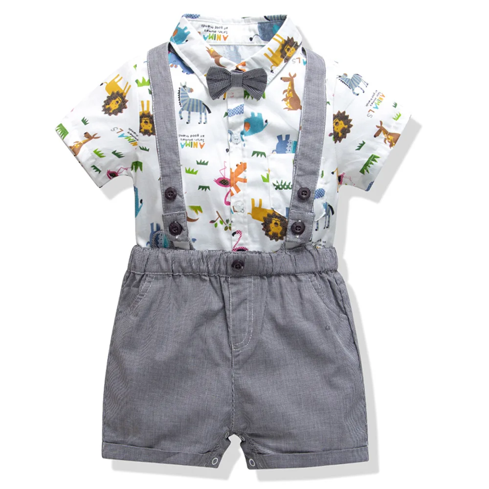 

Summer Style Baby Boy Clothing Set Newborn Infant Clothing Cartoon Print Cotton Short Sleeve T-shirt + Suspenders Gentleman Suit