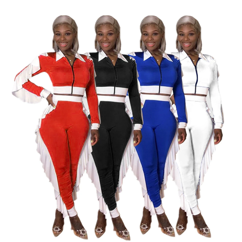 

Chiclover Casual Tracksuit Wholesale Items Color Matching Ruffles Sporty Women Two Piece Set Joggers Zipper Workout Sweatsuit