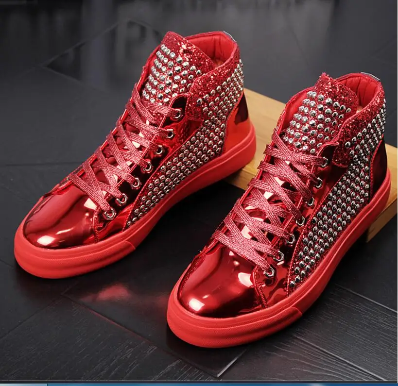 Beli Sneakers Modis Pria Sepatu Kasual Pria Mewah Sepatu Bot Pergelangan Kaki Berpaku Keling Bertatahkan Renda Fashion Atasan Tinggi