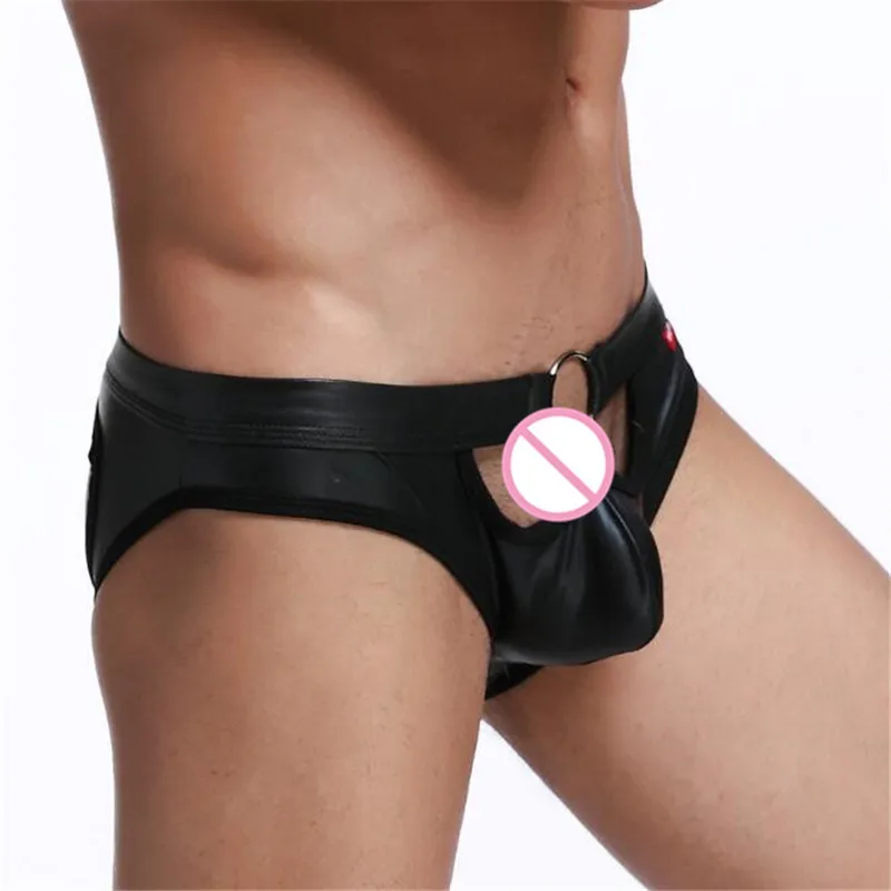 

Sexy Sexy Men Briefs Hoop Hollow Gay Men's Underwear Jockstrap Imitate PU Leather Mens G Strings Thongs Sexy Underwear