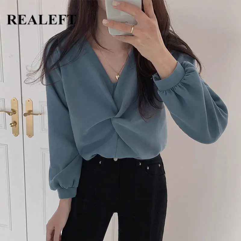 

REALEFT 2020 New Spring Summer Front Cross Korean Style Women's Shirt Blouse Tops Long Sleeve V-Neck Elegant Blouses Female
