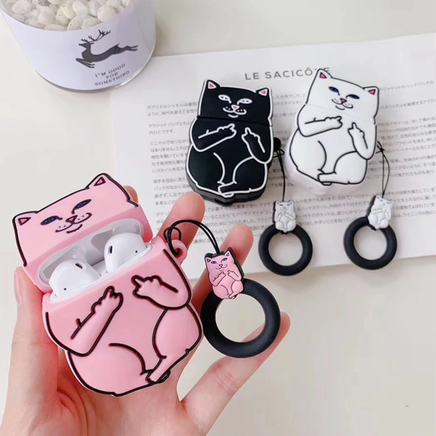 

Silicone Cat Earphone Case Cover For Airpods 1/2 Wireless Bluetooth-compatible Headphone Protection Cases With Finger Ring Strap