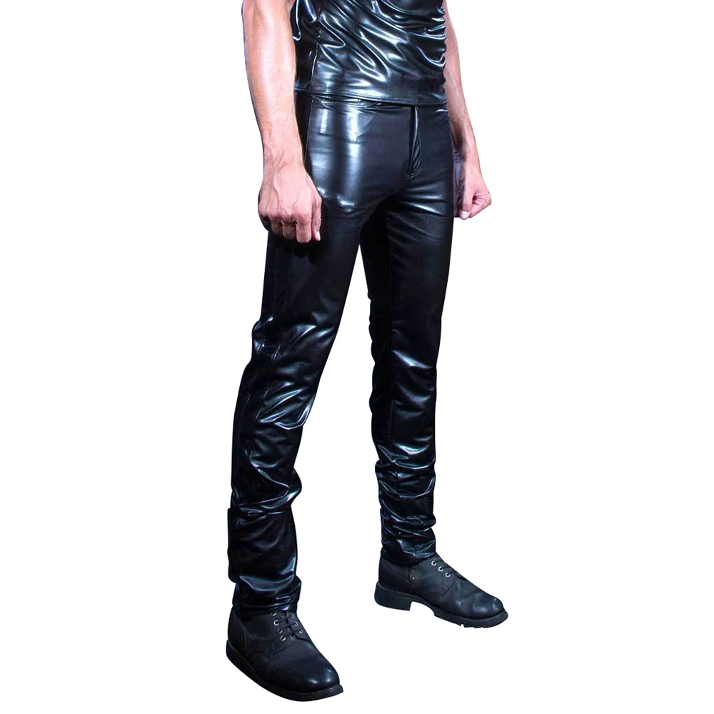 Брюки мужские кожаные облегающие эластичные модные штаны из искусственной кожи