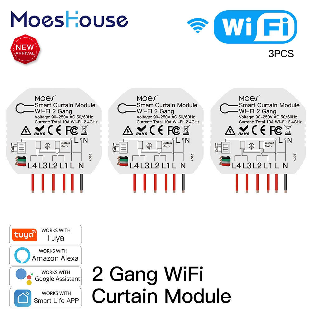 

Tuya Smart WiFi 2 Gang Double Curtain Blind Switch Module Roller Shutter Electric Motor Smart Life App with Google Home Alexa