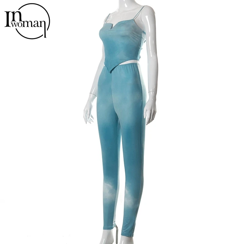 

Inwoman Blue Backless Babdage Crop Top and Pant Set Clubwear Sexy Summer Outfits Women Matching Sets 2 Two Piece Set Women 2021